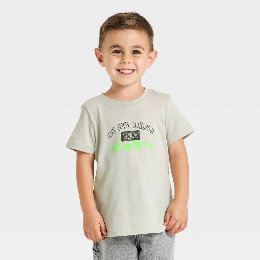 Gray short-sleeve toddler tee with dinosaur print on the front