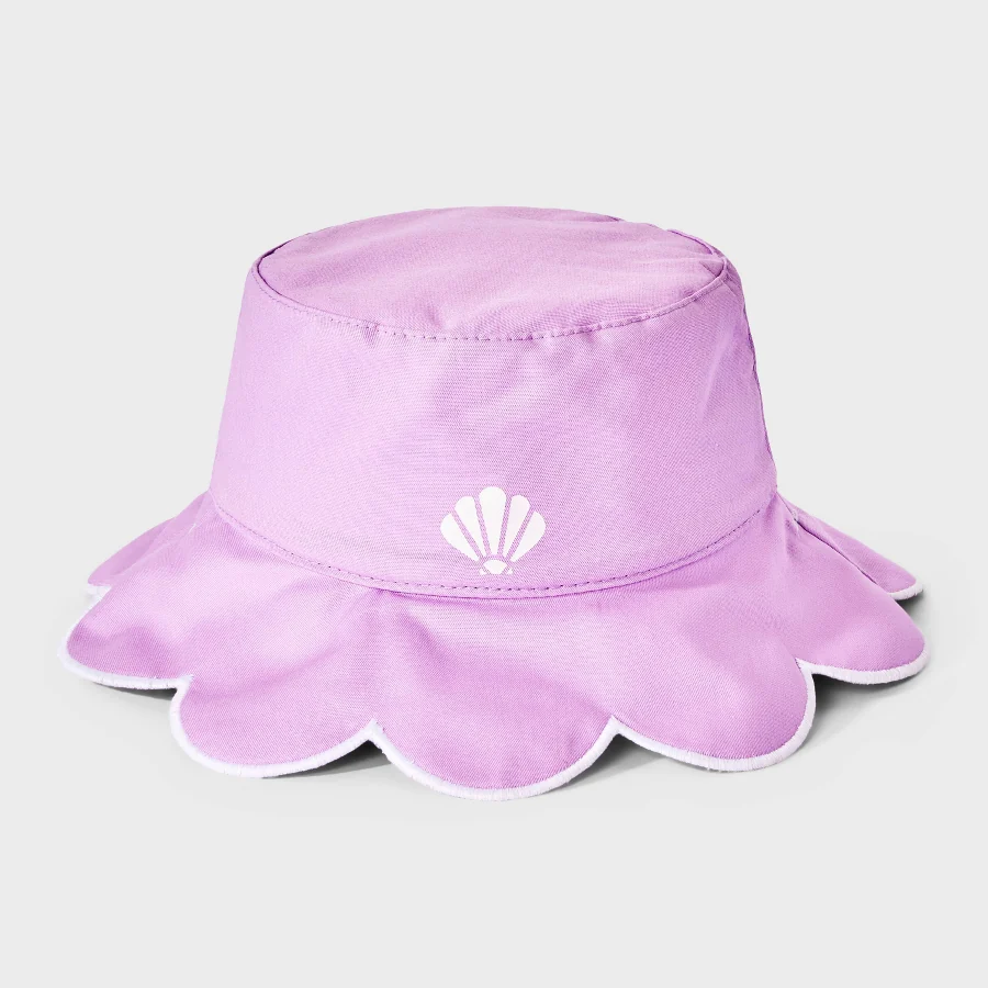 Reversible toddler bucket hat with scallop and shell pattern on one side