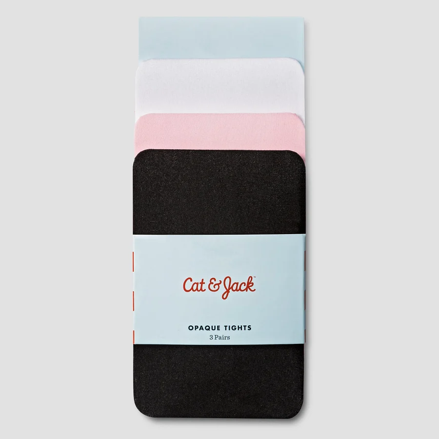 Three pairs of baby tights in black white and pink folded flat