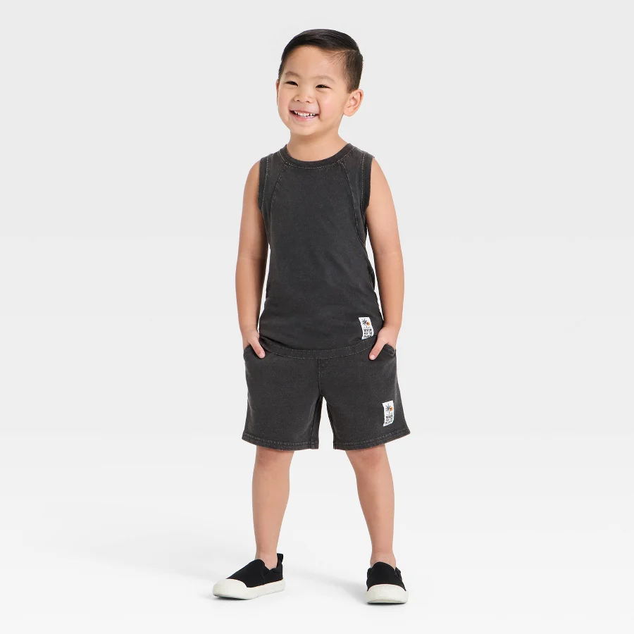 Charcoal gray toddler tank top with matching french terry shorts