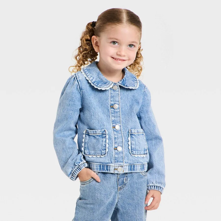 Light wash Cat & Jack toddler denim jacket with a classic collar and metal buttons