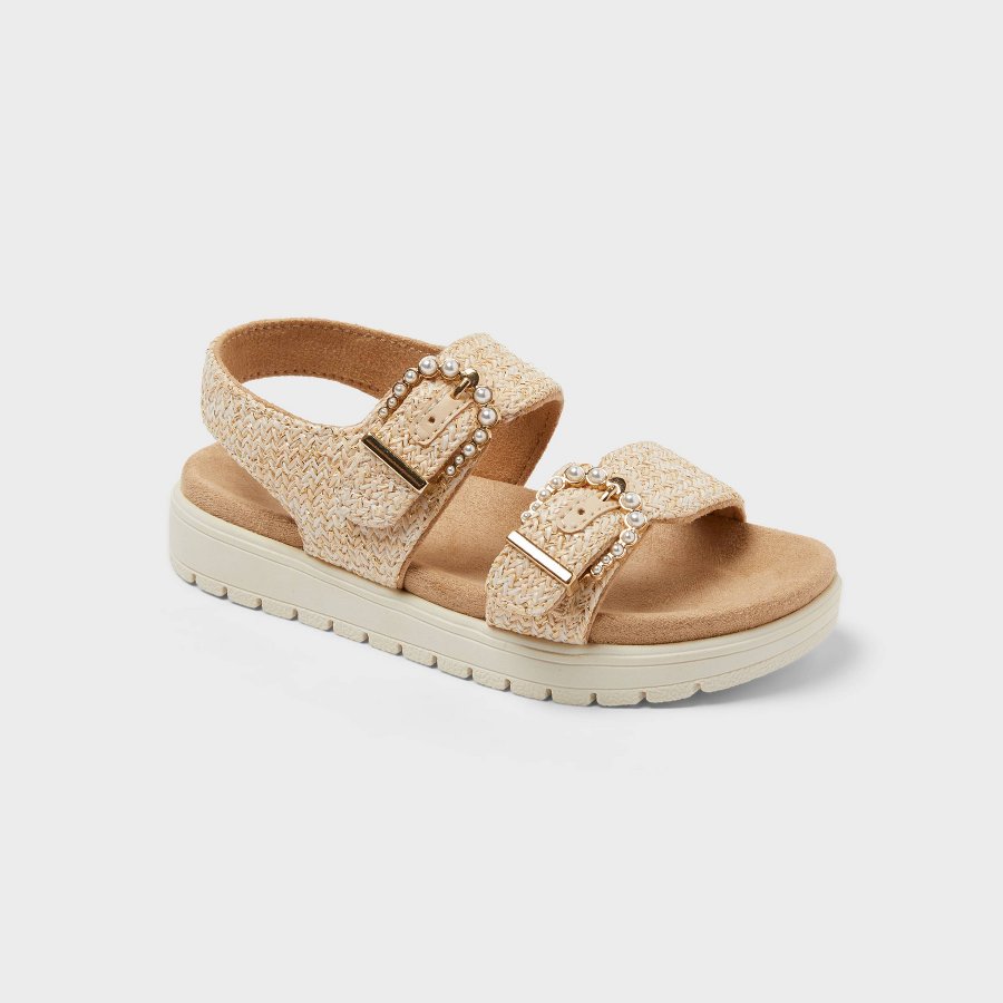 Tan toddler footbed sandal with two straps on a white background