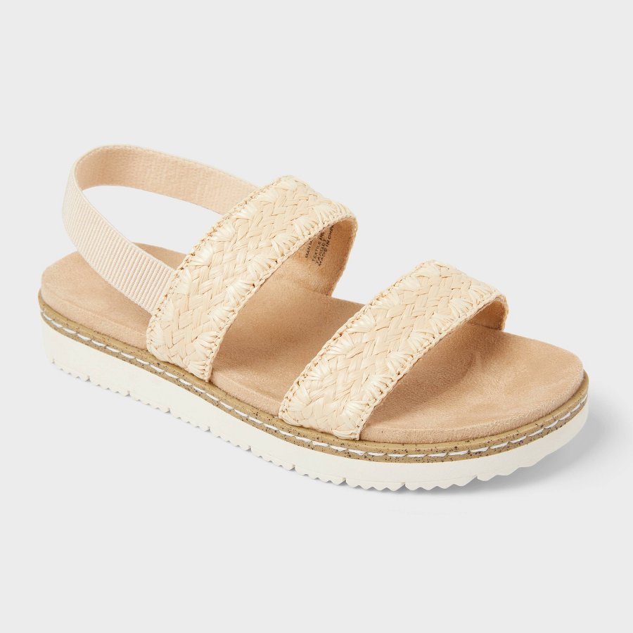 Tan kids footbed sandal with wide straps on a white background