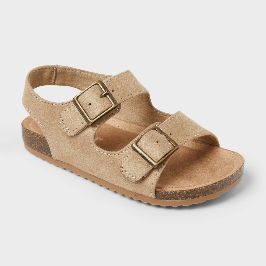 Taupe toddler footbed sandal with buckle detail on a white background