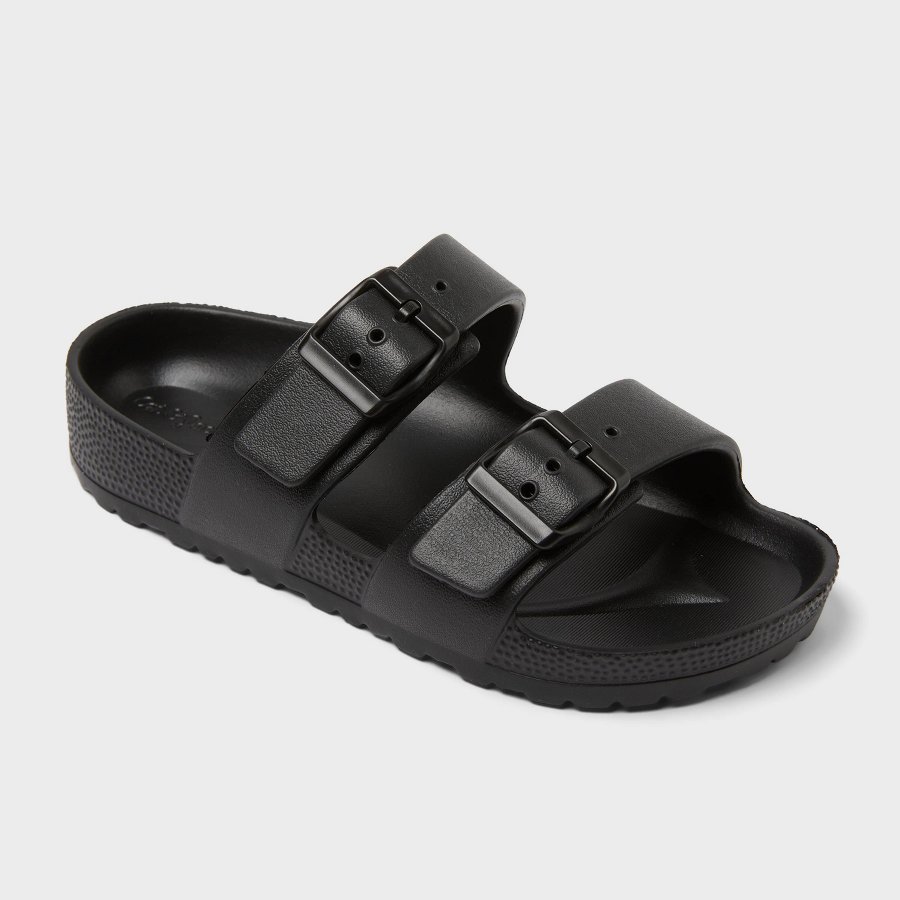 Black kids footbed sandal with two wide straps on a white background
