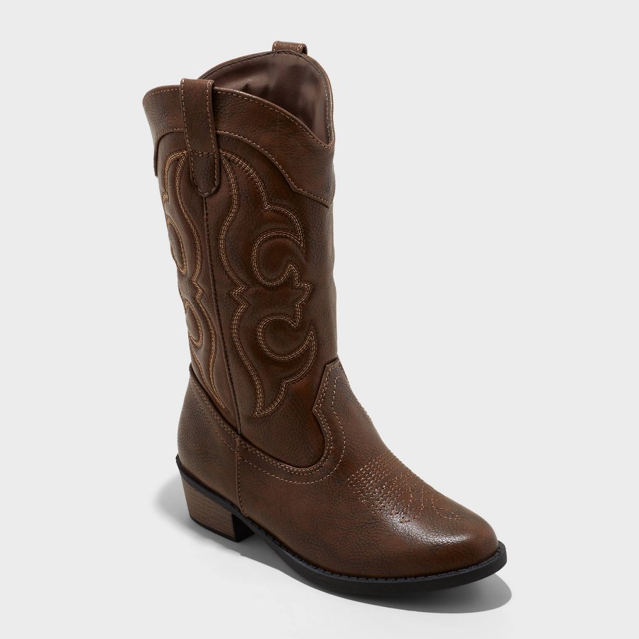 Brown kids western-style boot with side zipper on a white background