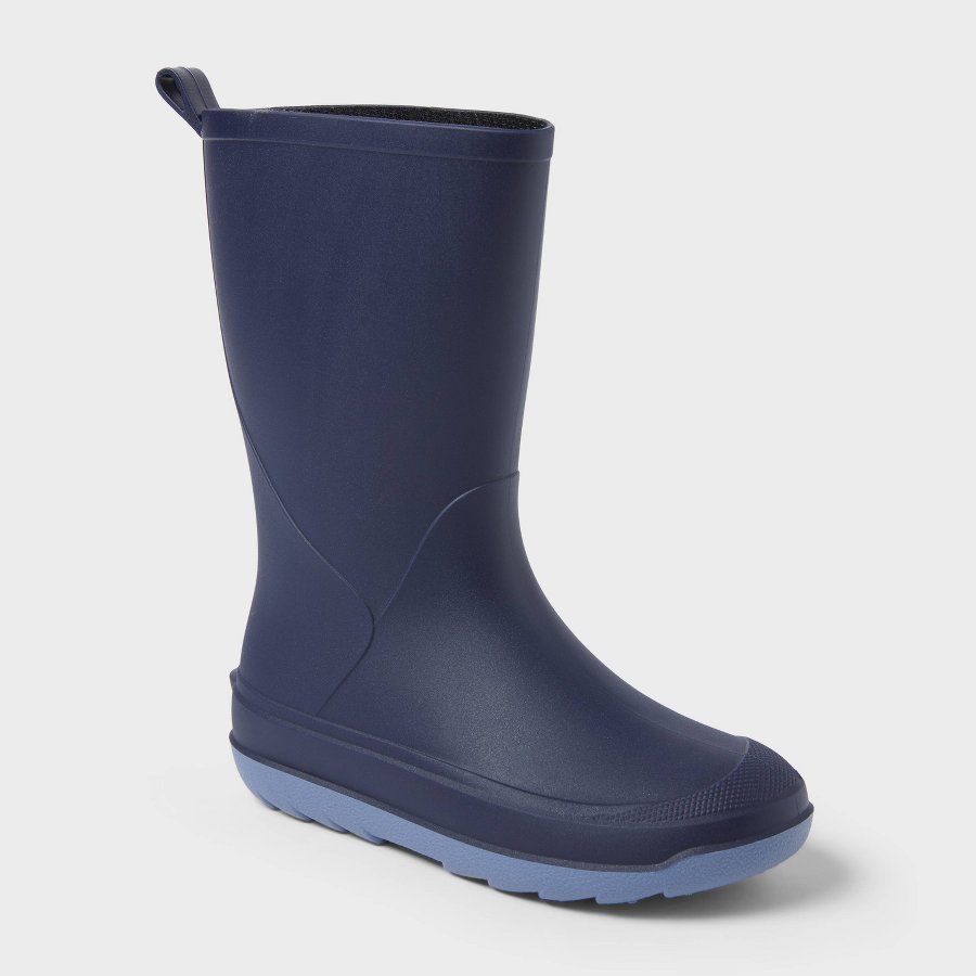 Navy blue kids rain boot with pull tabs on a white background
