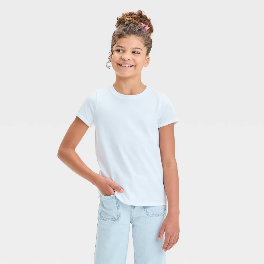 White short-sleeve crew-neck tee for girls on a light background