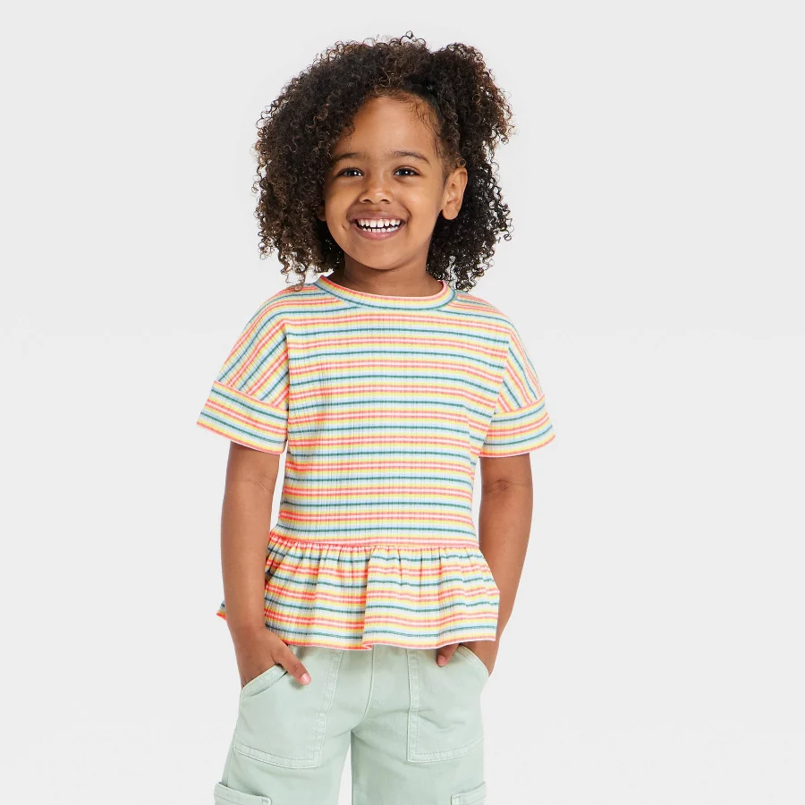 Striped short-sleeve toddler tee with a ruffle at the shoulder