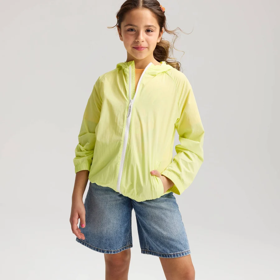 Bright yellow hooded rain jacket for kids, flat product shot