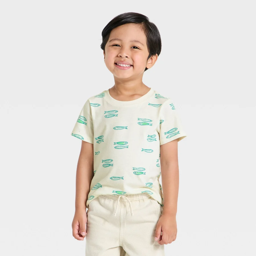 Off-white toddler tee with a small fish print on the front